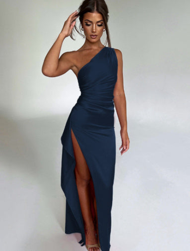 Sexy One-Shoulder Satin Dress – Slim-Fit, Backless Slit Summer Dress for Women
