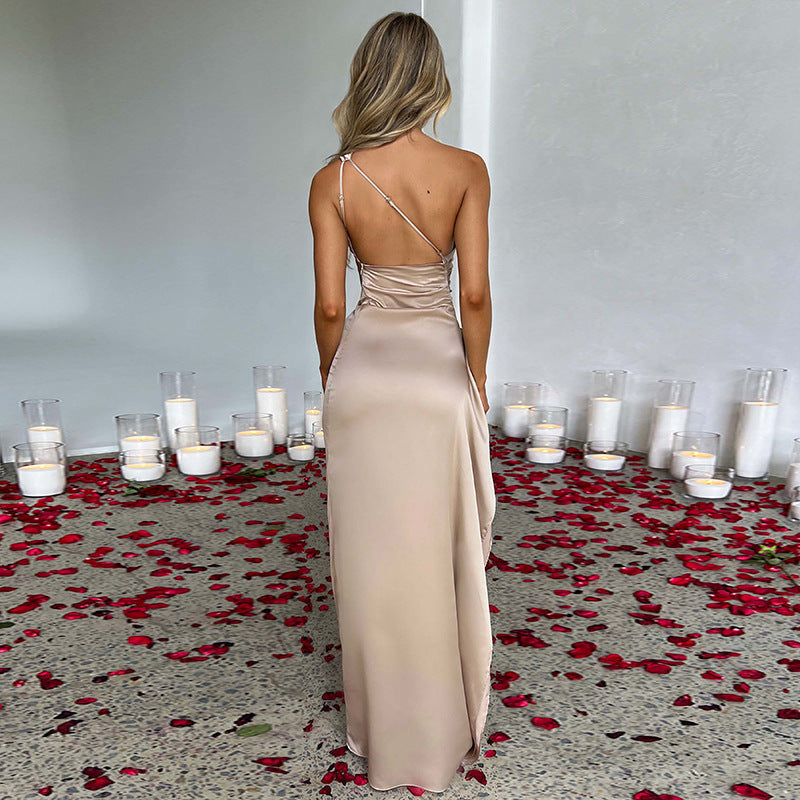 Sexy One-Shoulder Satin Dress – Slim-Fit, Backless Slit Summer Dress for Women