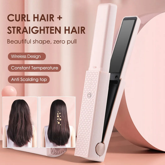 Cordless USB Hair Straightener – Mini Ceramic Flat Iron Curler for Travel & Home