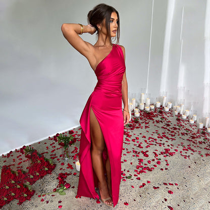 Sexy One-Shoulder Satin Dress – Slim-Fit, Backless Slit Summer Dress for Women