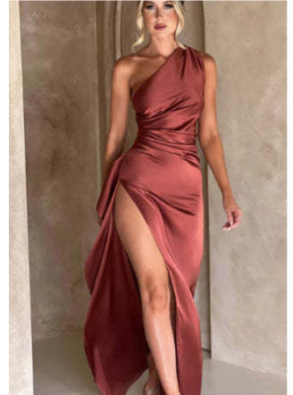 Sexy One-Shoulder Satin Dress – Slim-Fit, Backless Slit Summer Dress for Women