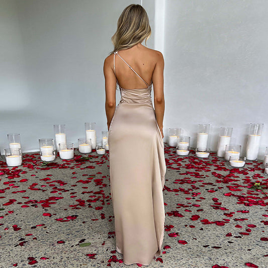 Sexy One-Shoulder Satin Dress – Slim-Fit, Backless Slit Summer Dress for Women