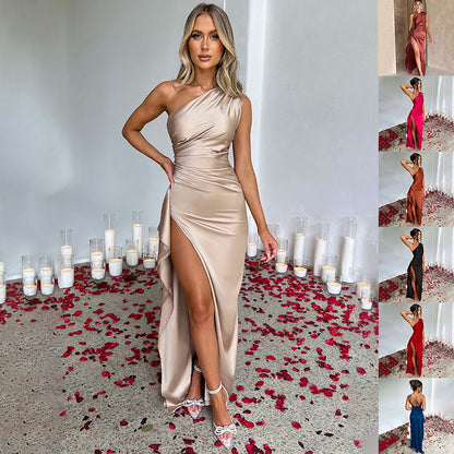 Sexy One-Shoulder Satin Dress – Slim-Fit, Backless Slit Summer Dress for Women