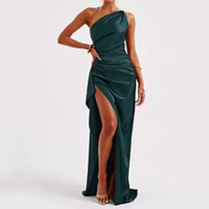 Sexy One-Shoulder Satin Dress – Slim-Fit, Backless Slit Summer Dress for Women